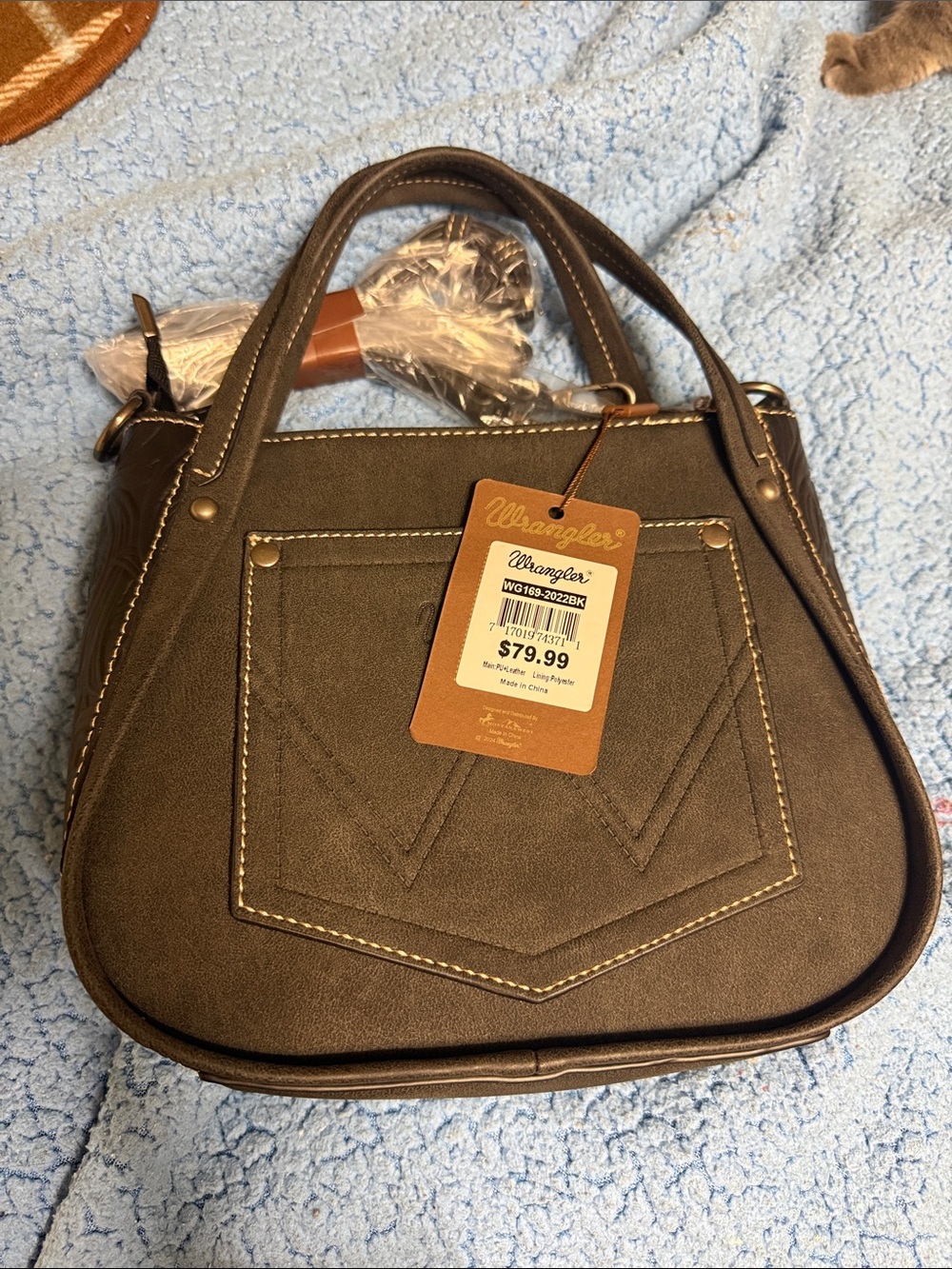 Wrangler Dark Brown Faux-Leather Shoulder Handbag with Front Stitch Details